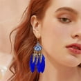 thumbnail image 3 of Long Feather Dangle Drop Statement Earrings for Women Gold-Toned Bohemian Enamel Fan Shaped Leaf Turquoise Beads Fringe Tassel Dangling Studs Earring Lightweight Fish Hook Vintage Ethnic Jewelry, 3 of 6