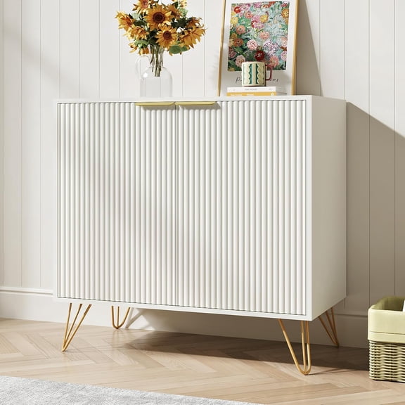 White Buffet Cabinet with Storage - Fluted White and Gold Cabinets with 2 Doors and Adjustable Shelf, Modern Accent Cabinet Console Coffee Bar Table for Kitchen, Entryway, Office