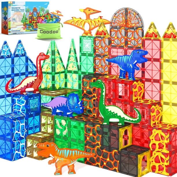 Juguetes magnéticos con forma de dinosaurio, 102 piezas, con 8 dinosaurios - Coodoo
