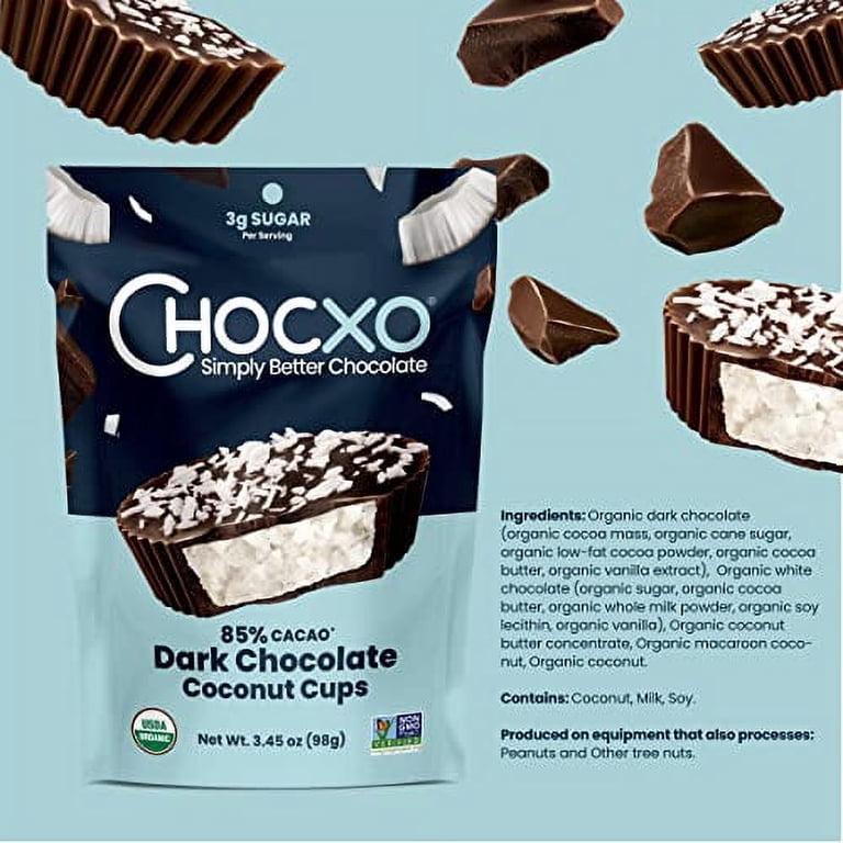 Chocxo Dark Chocolate Coconut Cups, Low in Real Sugar, Organic