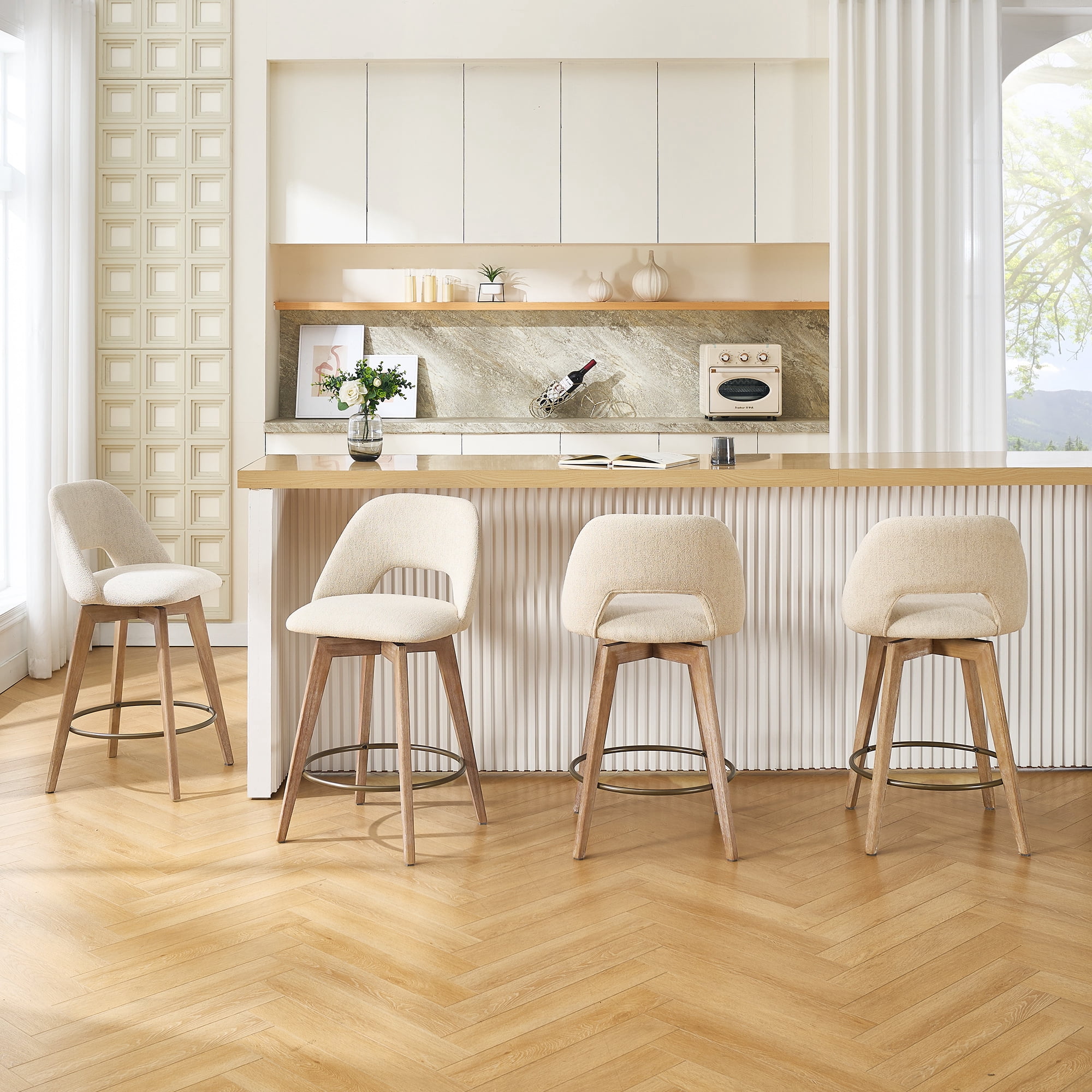 Zesthouse 26.8" Swivel Bar Stools Set of 2, Linen Upholstered Counter Height Stools with Open Back and Brushed Wooden Legs, Mid Century Barstools Kitchen Bar Chairs for 36"-39" Countertop, Beige