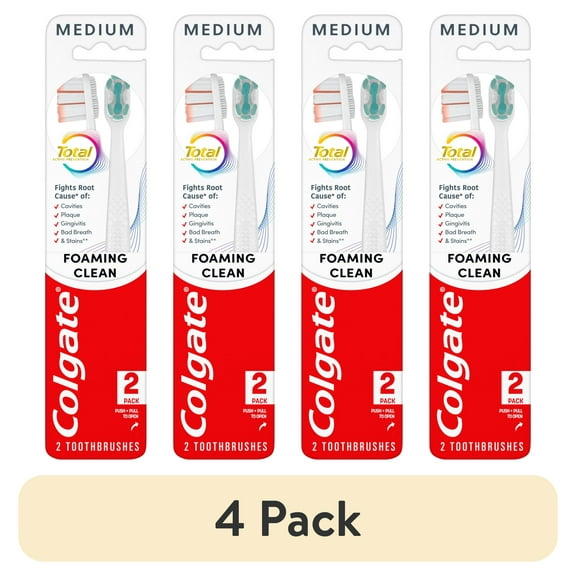 (4 pack) Colgate Total Active Prevention Foaming Clean Medium Toothbrush, White, 2 Pack