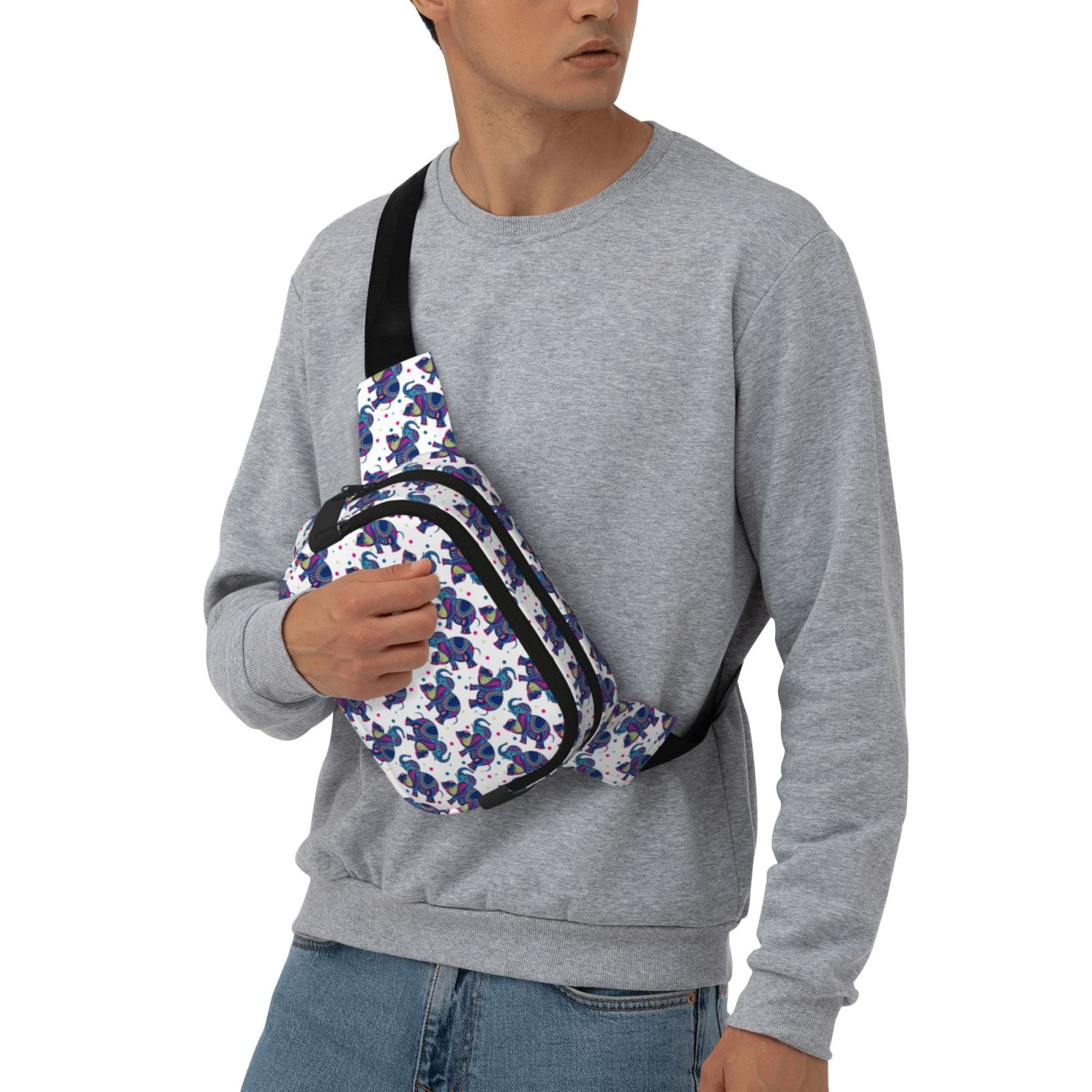 Fuzoiu Boho elephant Print Unisex Square Double Layer Waist Bag,Crossbody Fanny Pack Travel Workout Accessory