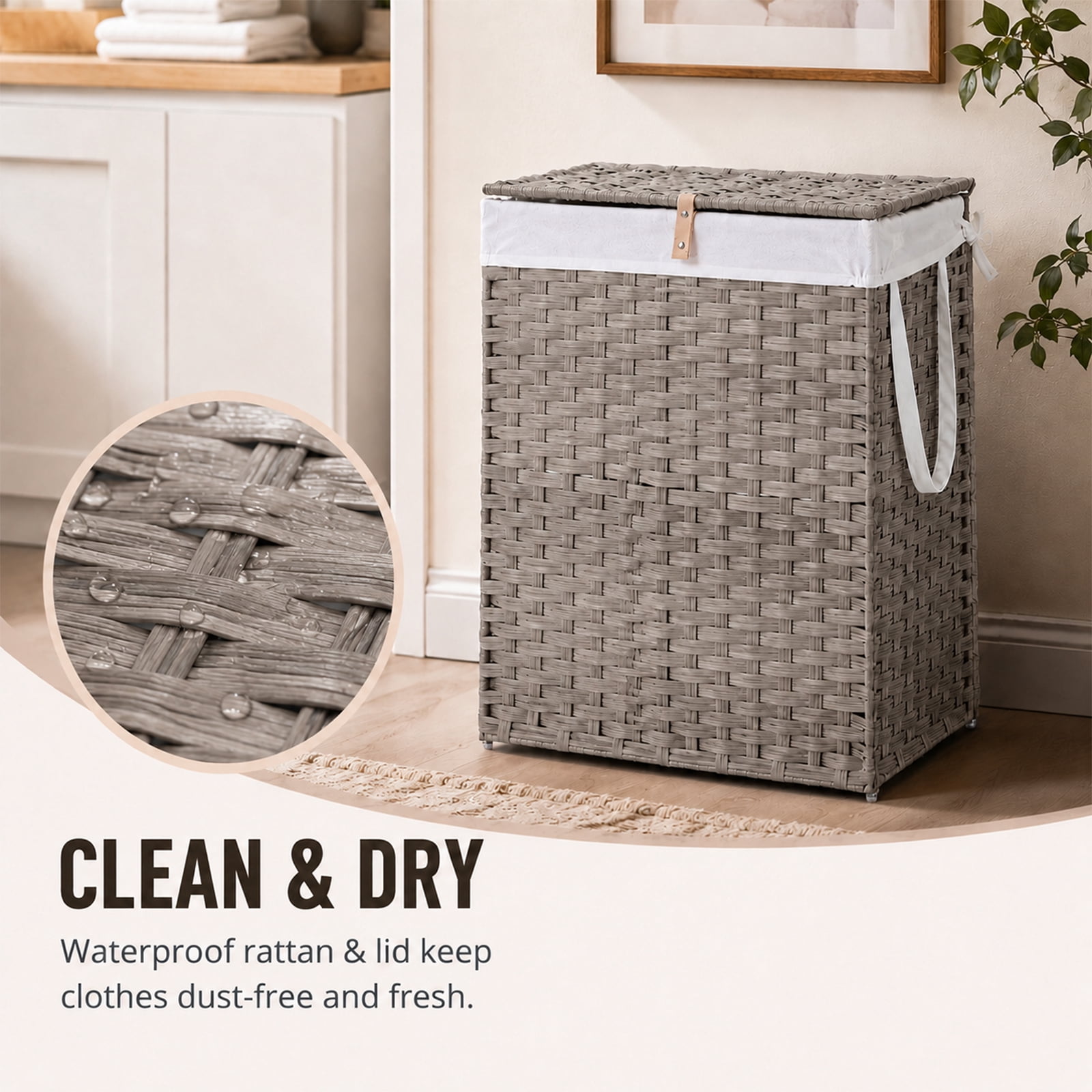 Alvantor 90L/110L Laundry Hamper with Lid, No Install Needed, Synthetic Rattan Clothes Laundry Basket with Lid and Handles, Foldable, Removable Liner, with Handles