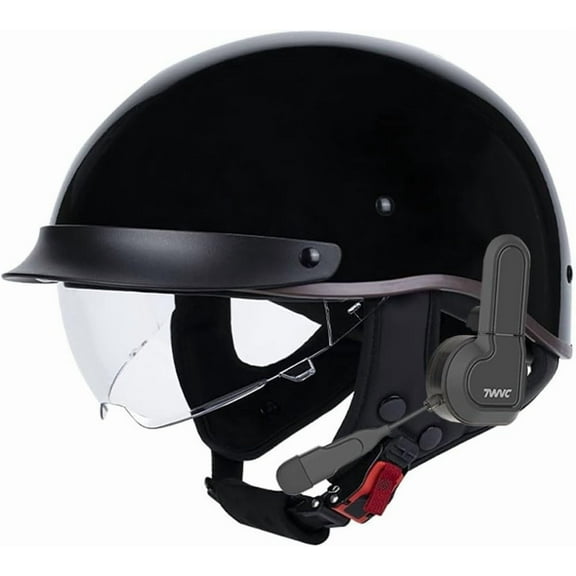 German Style Bluetooth Motorcycle Half Helmet Scooter Open Face DOT Approved Built-in Speaker Headset Microphone Retractable Visor Adjustable Quick Release Buckle