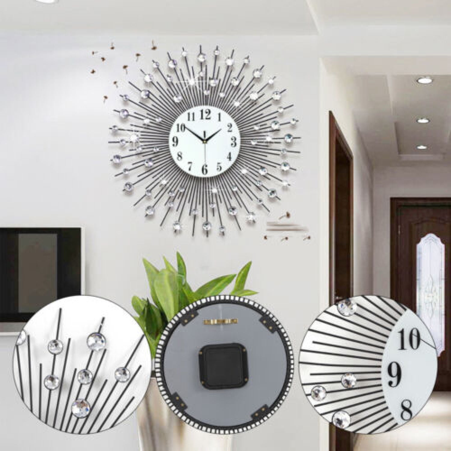 Large Wall Clock for Living Room Decor, 23.6 inch Silver Digital Wall