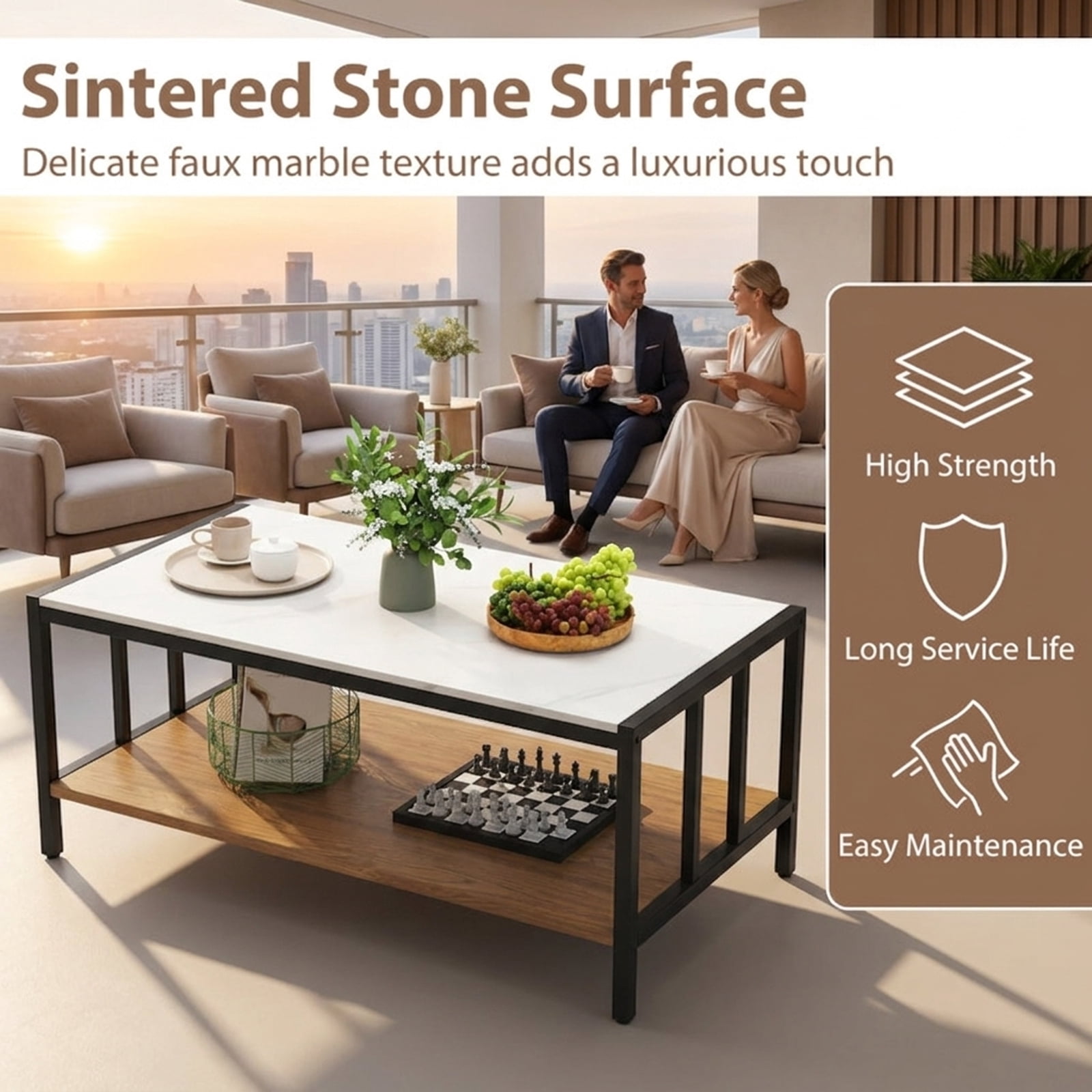 Furnibear 2 Tier Coffee Table with Sintered Stone Tabletop - White - Living Room Cocktail Center Table