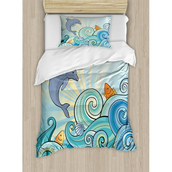 Sea Animals Twin Size Duvet Cover Set, Cartoon Dolphin Fish Starfish Shells in Ocean Marine in Summer Pattern Print, Decorative 2 Piece Bedding Set with 1 Pillow Sham, Multicolor, by Ambesonne