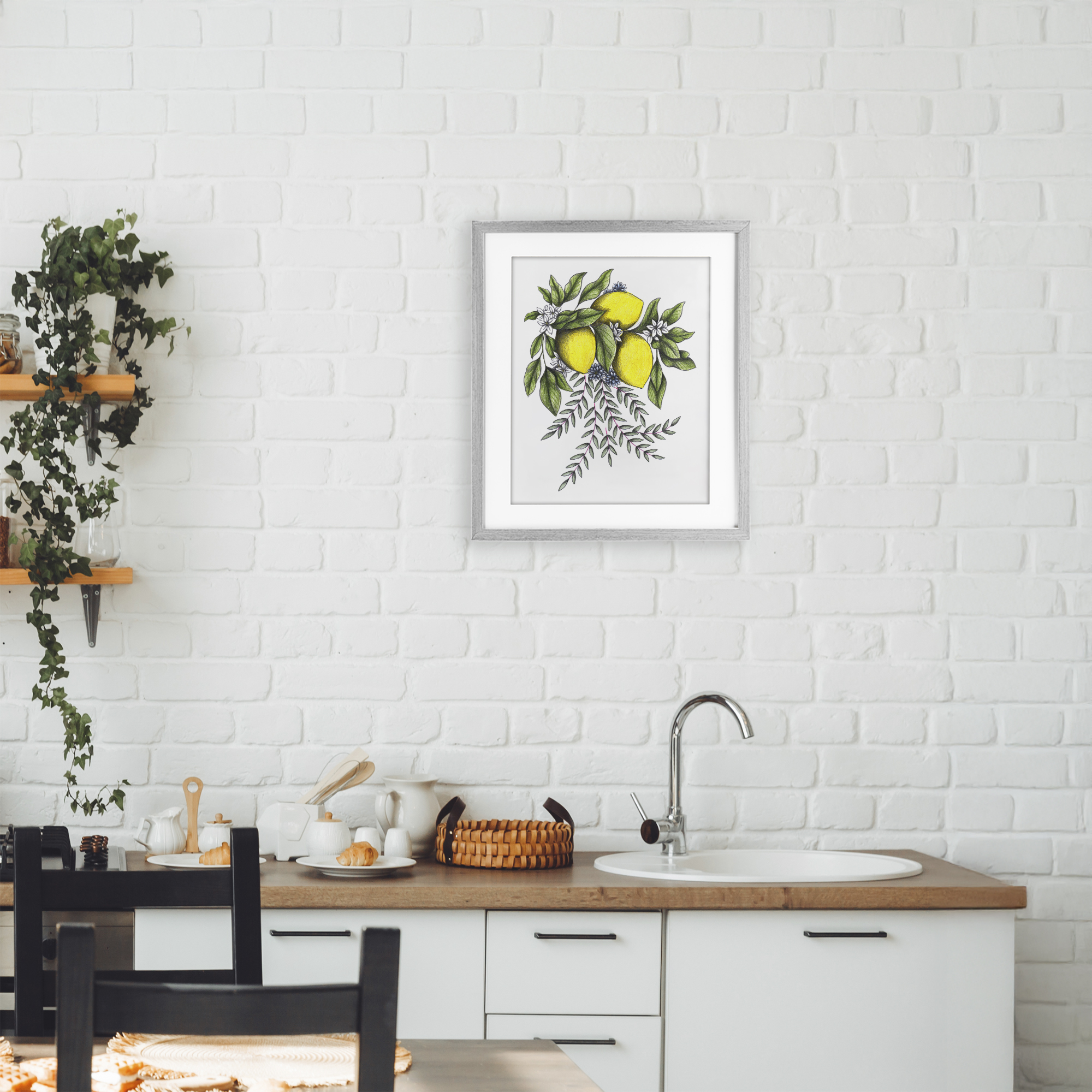 Lemons & Flowers Vintage Sketch Gray Framed Print Under Glass, design by Cecilia Battaini