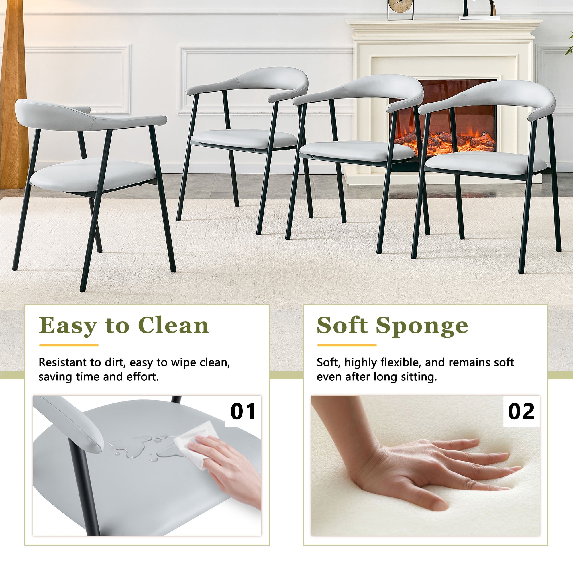Leumius Dining Chairs Set of 4,PU Leather Dining Room Chairs with Cushion Seat and Metal Legs,Modern Minimalist Style Kitchen Chairs for Kitchen Living Room,Easy Assembly,Light Gray PU