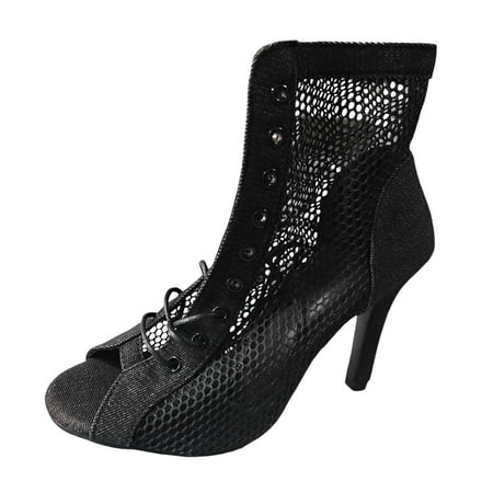 

PMUYBHF Female Womens Sandals Size 8 Wedge Ladies Fashion Denim Mesh Patchwork Lace up Open Toe Thin High Heel Sandals 38 Black