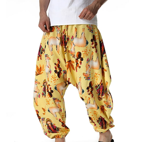 Virmaxy Men's Yoga Pants Haren Fashion Retro Printed Crotch Hanging Pants Mid Waist Linen Lantern Pants Yellow XL