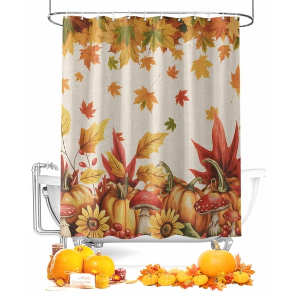 Fall Shower Curtain Maple Leaves Pumpkin Bathroom Curtains with Hooks, Waterproof Fabric Mushroom Sunflower Linen Thanksgiving Bath Shower Curtains Set for Bathroom Bathtubs Decor 36x72 Inch