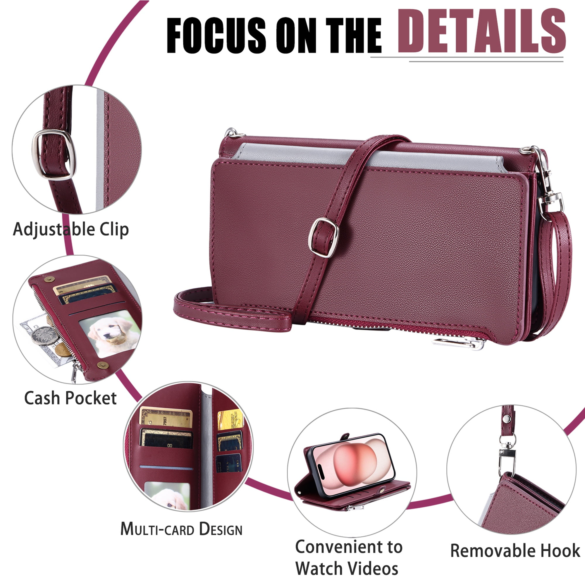 Dteck for iPhone 6s/6 Wallet Case, Crossbody Zipper Purse with Wrist for Women Men, 8-Card Slots Holder PU Leather Kickstand Flip Cover Phone Case,Winered
