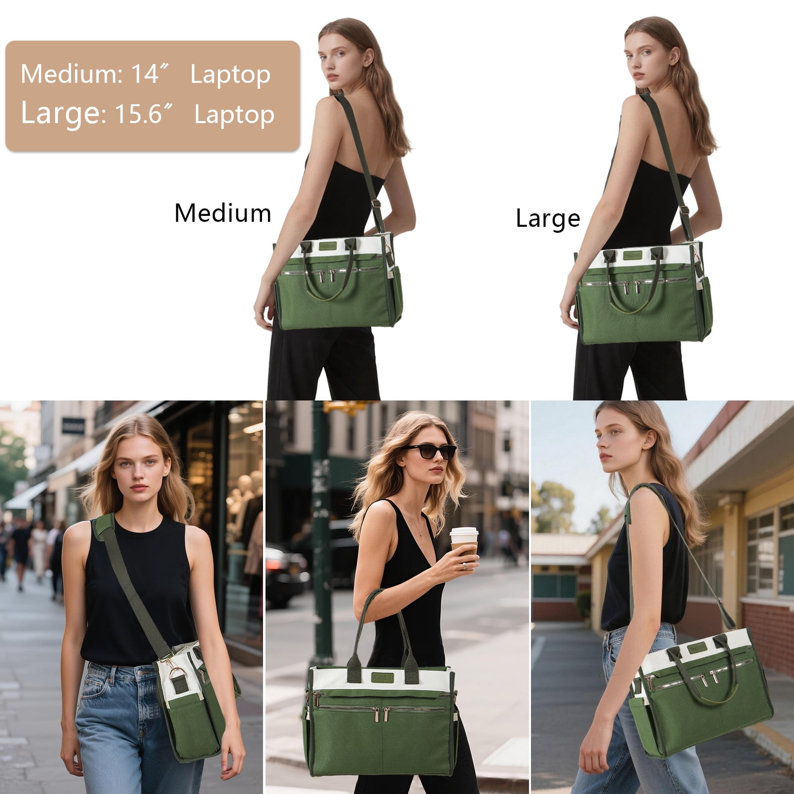 2PCS Women's Large Canvas Tote Bag Set, Multi-Pocket Laptop Shoulder & Crossbody Bag with Zipper and Pouch for Work, Teacher, College, Travel