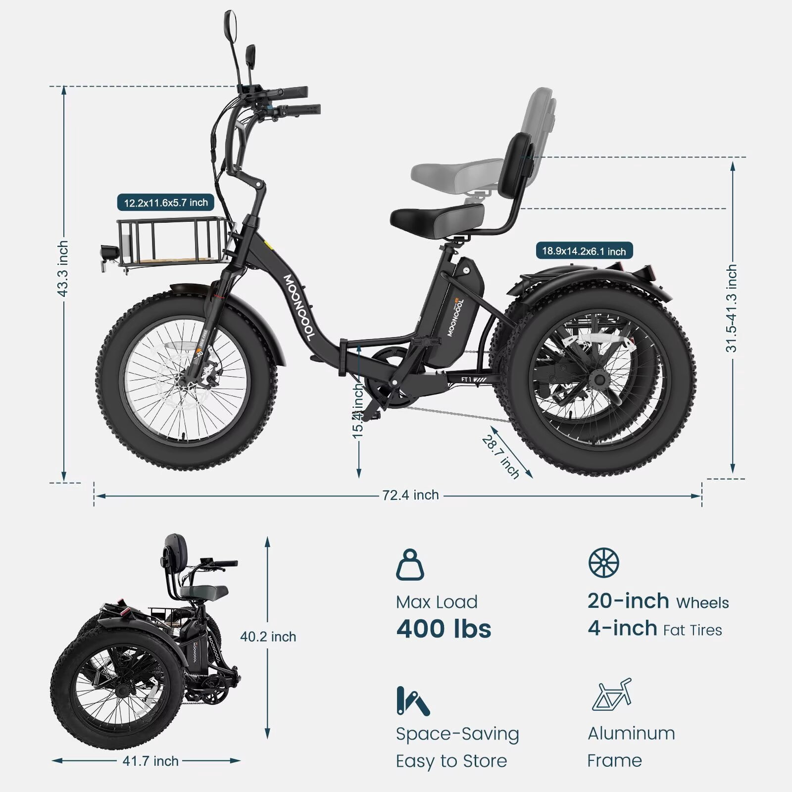 MOONCOOL Folding Electric Tricycle for Adults, 20" x 4" Fat Tire Electric Trike, 48V Peak 1092W  Electric Bicycle, 3 Wheels 7 Speed Ebike w/ 14.5Ah Removable Battery& Speed Differential Mechanism