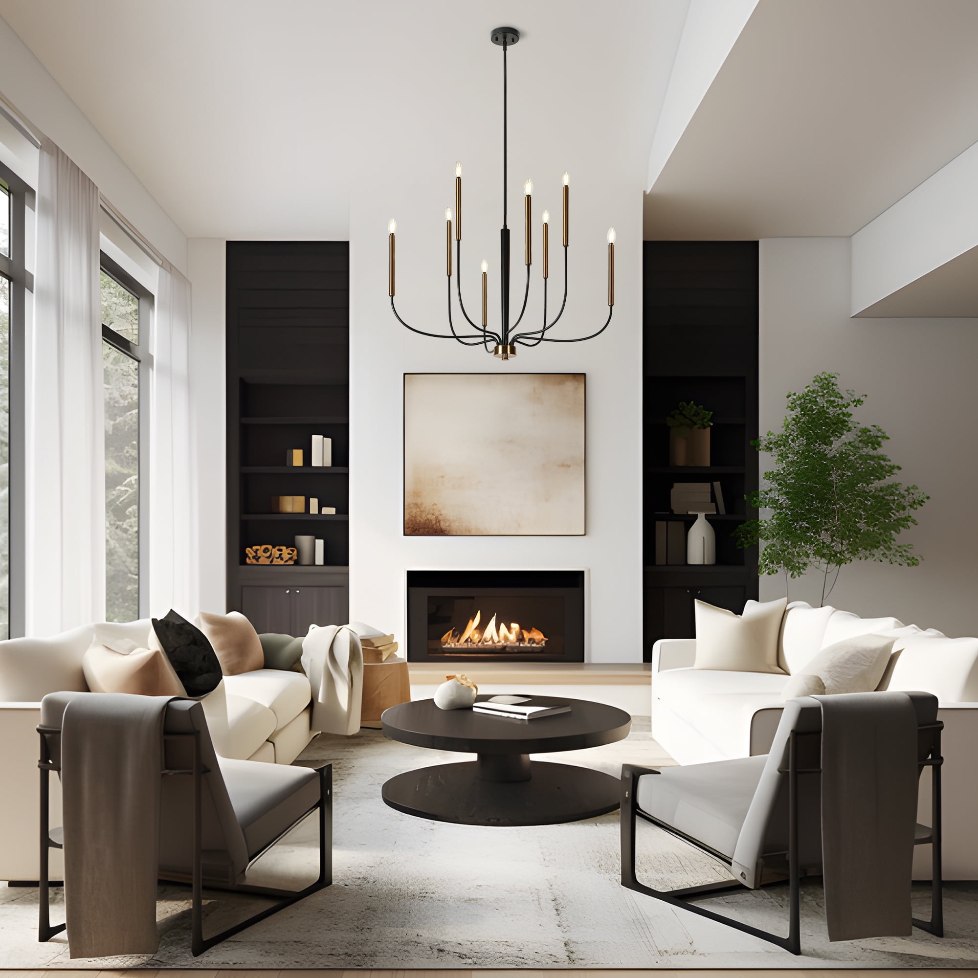 LNC Modern 8-Light Black and Gold Chandelier, Oversized Adjustable Ceiling Light for Dining Room