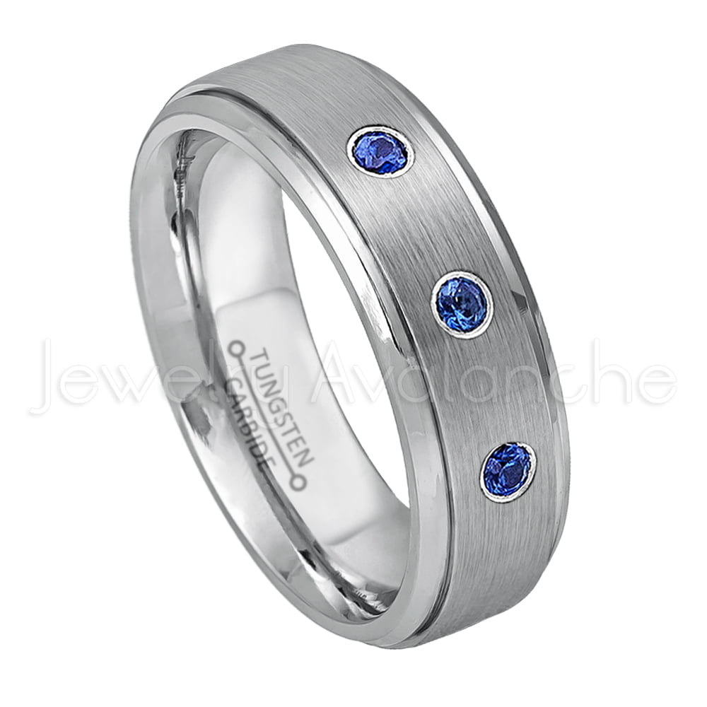 6MM Brushed Finish Comfort Fit Classic Dome White Wedding Band September Birthstone Ring 0.21ctw Blue Sapphire 3-Stone Titanium Ring 9 