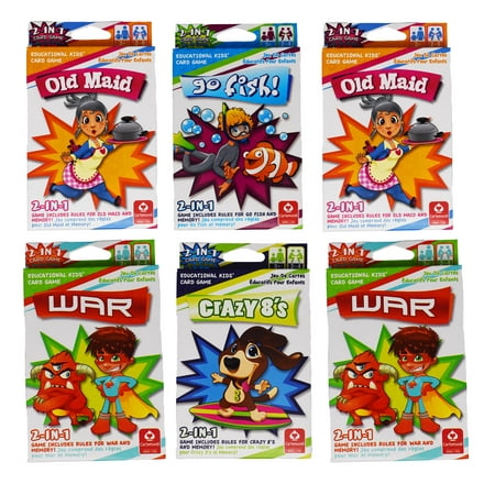Set of 6 Jumbo Kids' Educational Card Games - 2 in 1 - Go Fish, Old Maid, Crazy 8's, War - Great for Teaching Numbers, Letters, and Shapes!