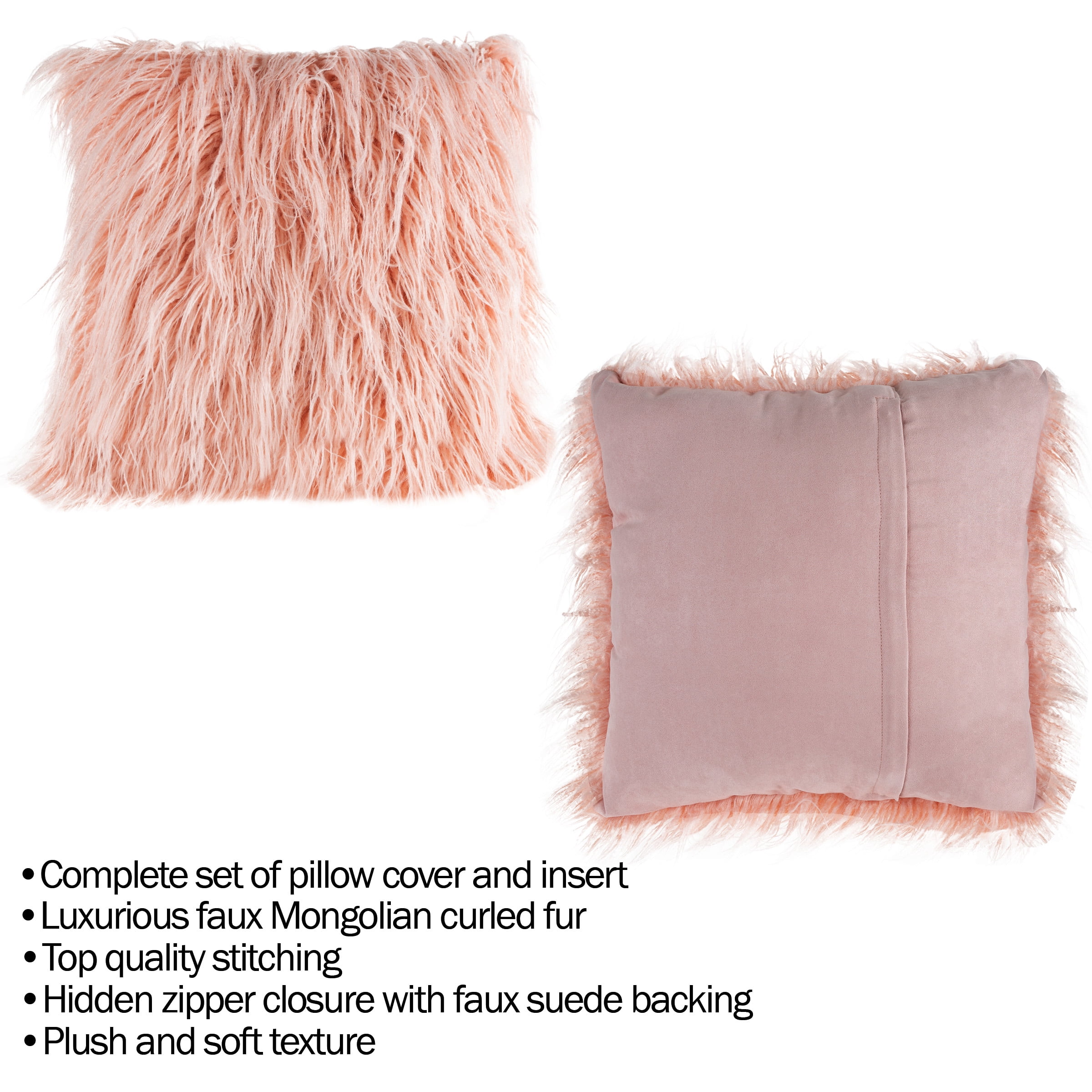 Somerset Home Mongolian Faux Fur Pillow – 22-inch Cover & Insert (Pink)