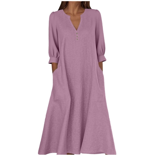 Wdfiry Robe en Coton et Lin pour Femmes Couleur Unie Col Cranté Manches Bouffantes Robe Grande Taille Ample Manches 3/4 Midi