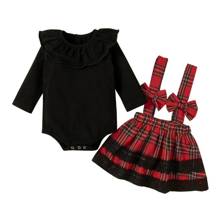 

Toddler Girls Outfit Baby Solid Long Ruffled Sleeve Romper Tops Plaid Bowknot Suspender Skirt Christmas Outfit Set 2Pcs Clothes
