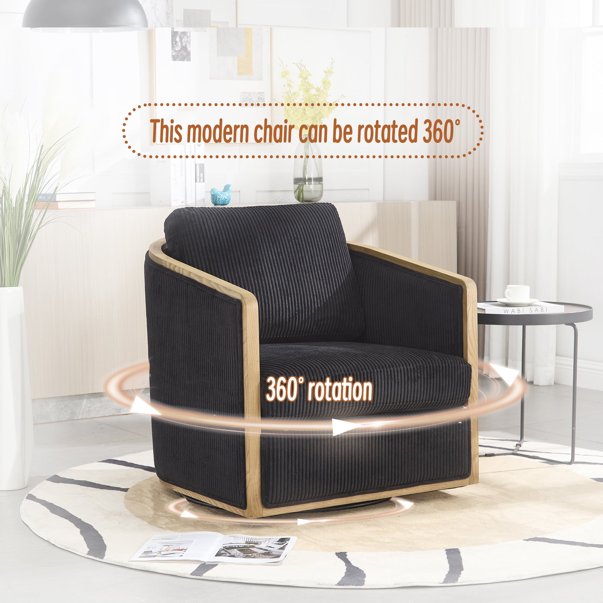 MOONMISS Corduroy Upholstered 360°Swivel Comfortable Round Barrel Chair for Living Room,Bedroom-Black