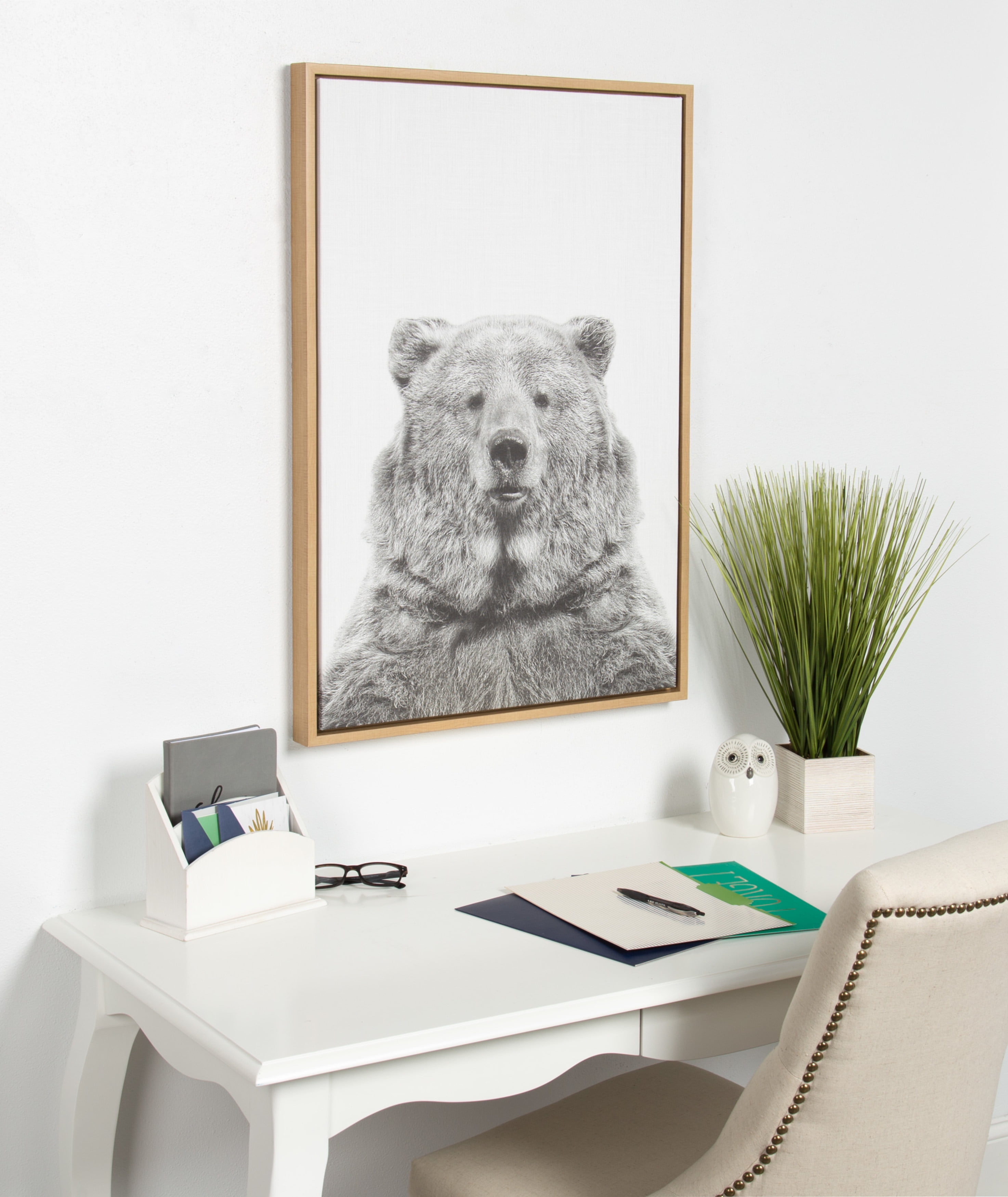 Kate and Laurel Sylvie Bear Animal Print Black and White Portrait Framed Canvas Wall Art by Simon Te Tai, 23x33 Natural