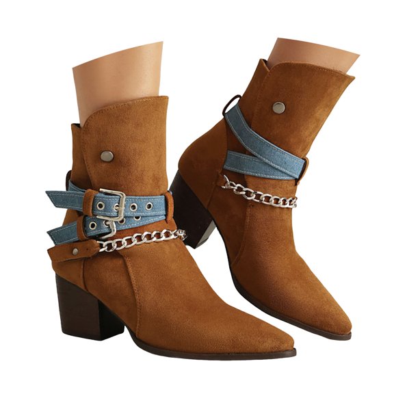 YLYL Women Ankle Boots Motorcycle Riding Western Boots Block Heel Suede Chain Strap Country Party Festival Booties