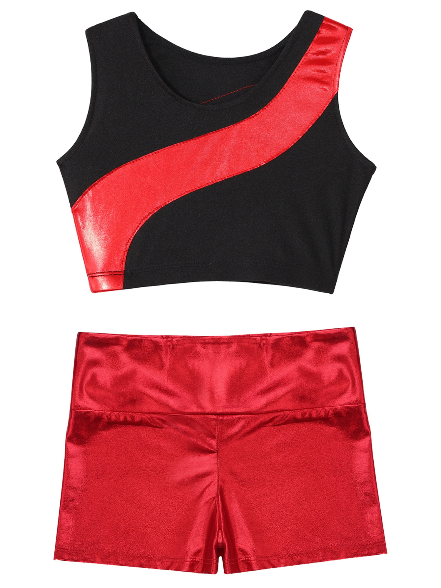 KIDS GIRLS SHINY CROP TOP TANK METALLIC LOOK CHILDREN DANCE BRA FANCY PARTY VEST | UK-391038
