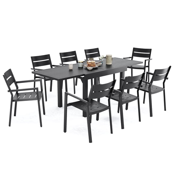 Crestlive Products 9-Piece Aluminum Patio Dining Set for 8, Outdoor Expandable Table and Stackable Chairs with Armrest, Black