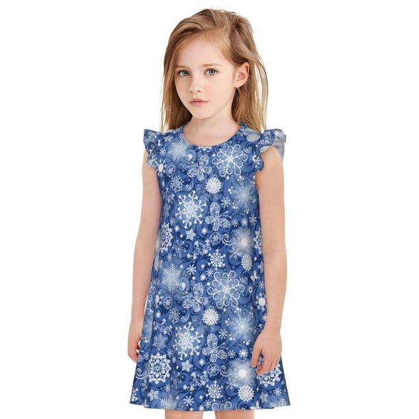 Balery whiet Snowflake blue background Camisón de princesa para niñas, pijama de algodón con mangas abullonadas, suave y bonito.-Small