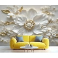 thumbnail image 3 of Modern Relief White Flowers Wall Mural, Luxury Golden Leaves Wallpaper, Stereo White Pearls Custom Photo Wallpaper Wall Decals For Bedroom Living Room 59"W x 39.4"H (Not Peel and Stick), 3 of 6