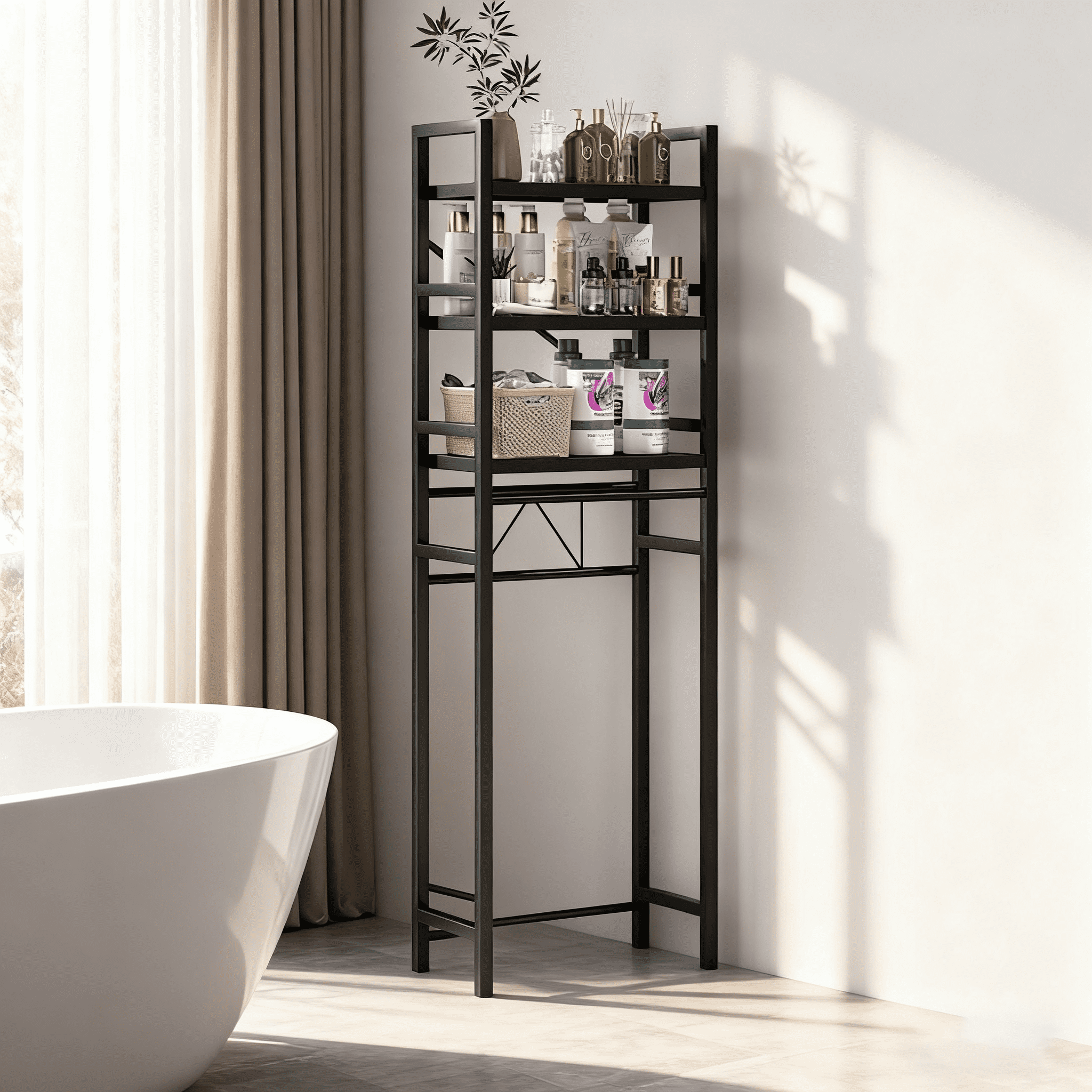 Zrodlmo Over The Toilet Storage Shelf, 3-Tier Freestanding Steel Bathroom Organizer, Adjustable Space Saver Rack with Hooks, Black