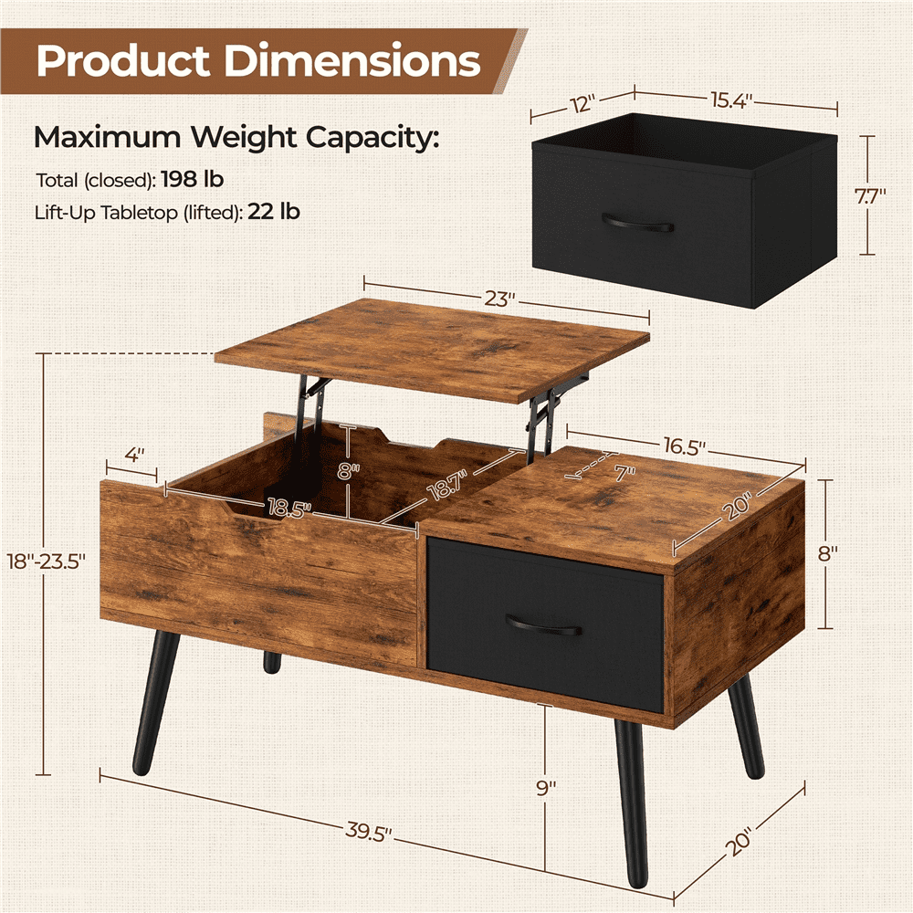 Alden Design Lift Top Coffee Table with Hidden Compartment & 2 Open Storage, Rustic Brown