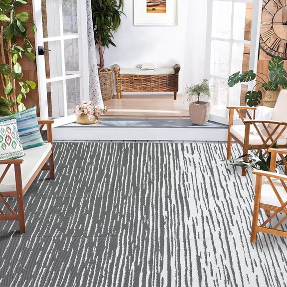 5x8 Grey Outdoor Rug Waterproof, Modern Striped Plastic Straw Rugs, Foldable Abstract Camping Rugs for Outside Your RV, Reversible UV Resistant Carpet for Backyard, Deck, Picnic, Beach, Porch