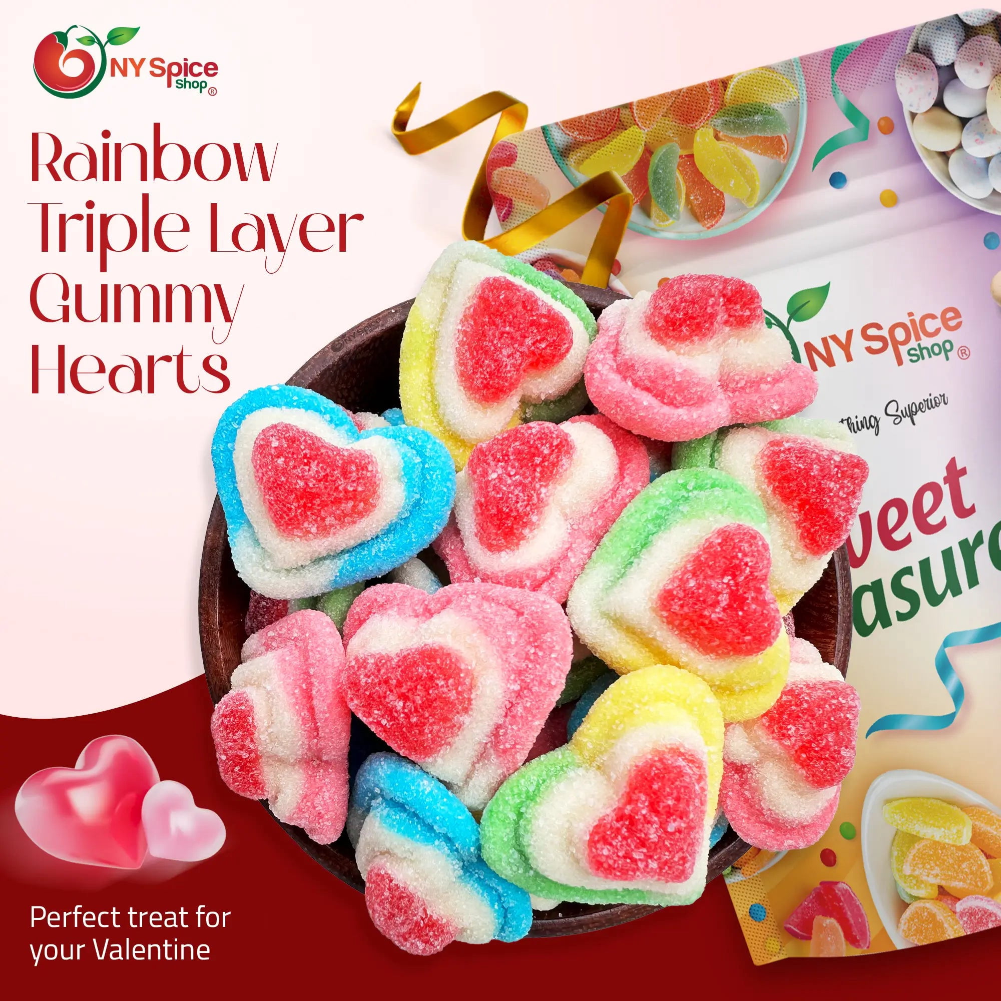 NY SPICE SHOP Rainbow Triple Layer Gummy Hearts - 3 Pound - Valentines Day Candy -Valentine Candy Bulk - Valentines Day Gifts Candy