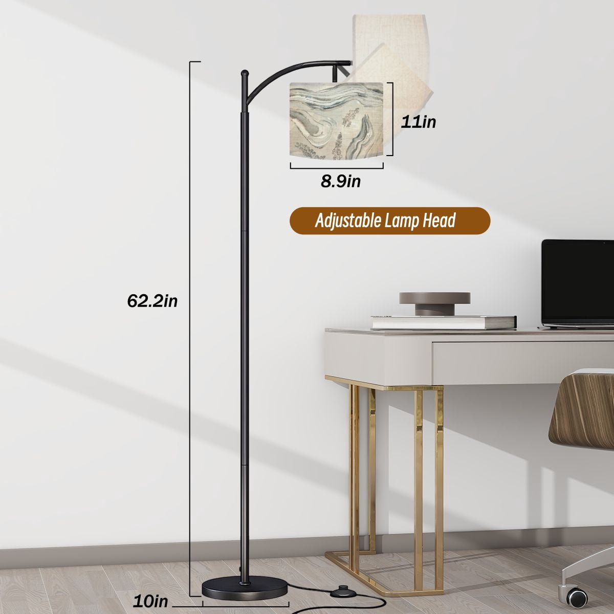 Arc Floor Lamps Hand watercolour silver glittery elements Modern LED Adjustable Lampshade Standing Light for Living Room Reading Bedroom Office