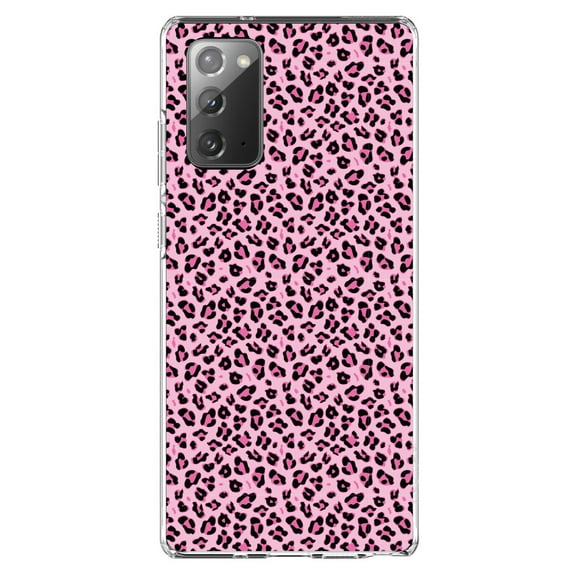 DistinctInk Clear Shockproof Hybrid Case for Samsung Galaxy Note 20 (6.7" Screen) - TPU Bumper, Acrylic Back, Tempered Glass Screen Protector - Black Pink Leopard Skin Spots