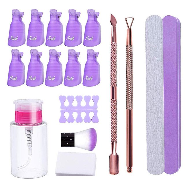 Kit de herramientas para quitar gel de esmalte de uñas con tapas de clips para uñas, limas de uñas, almohadillas de algodón para quitar uñas, cepillos, 2 en 1