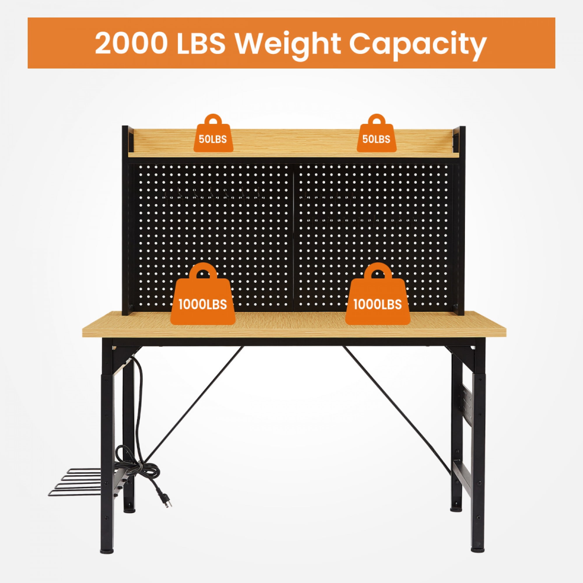 48'' Adjustable Heavy Duty Rolling Workbench - 1600 Lb Load Capacity, Wooden Desktop with Pegboard, AC/USB Outlet, Hooks & Shelf for Garage/Workshop/Home
