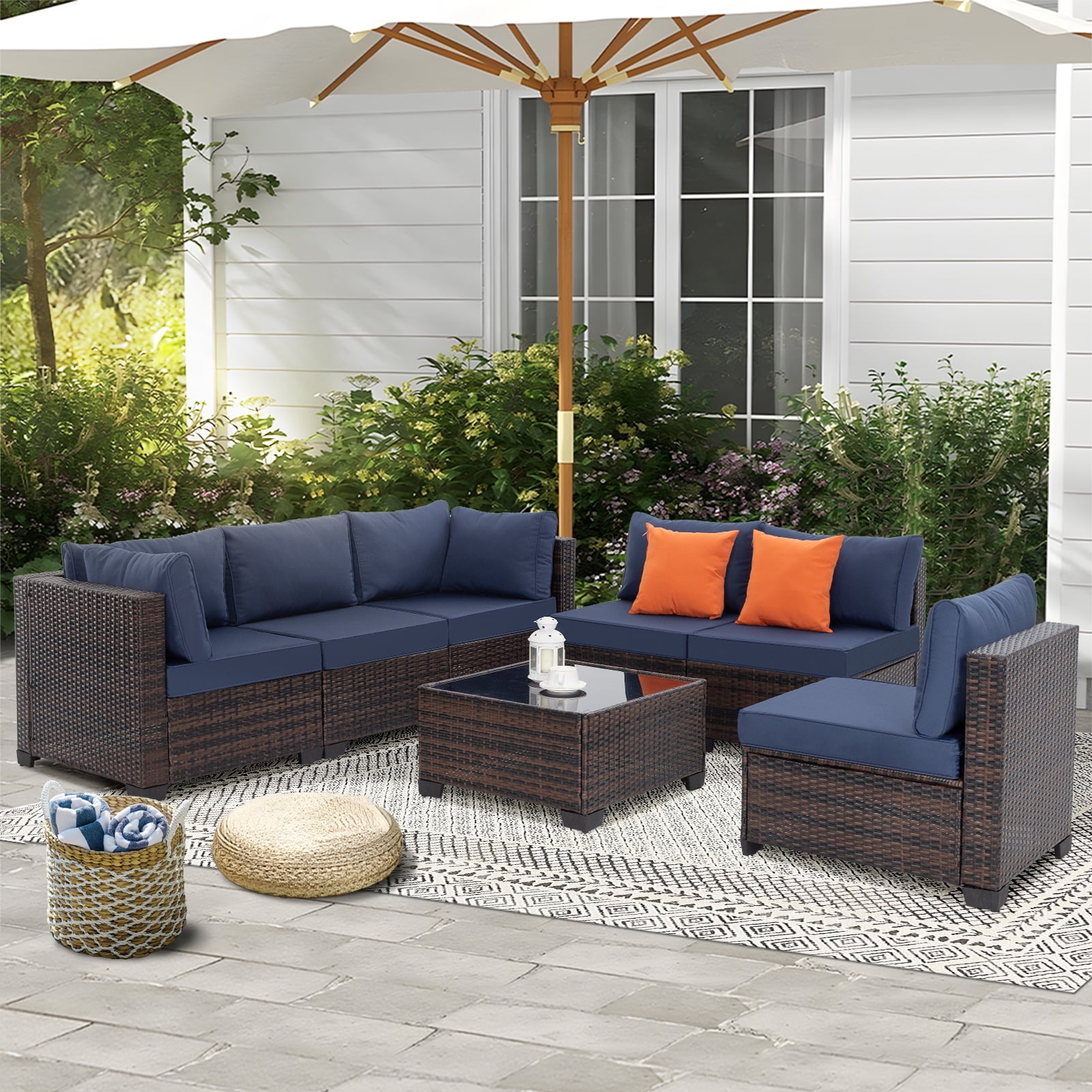 FHFO 14-Piece Patio Furniture Set, Wicker Outdoor Conversation Sectional Sofa with 2 Coffee Tables, for Backyard, Poolside & Garden, Brown&Blue