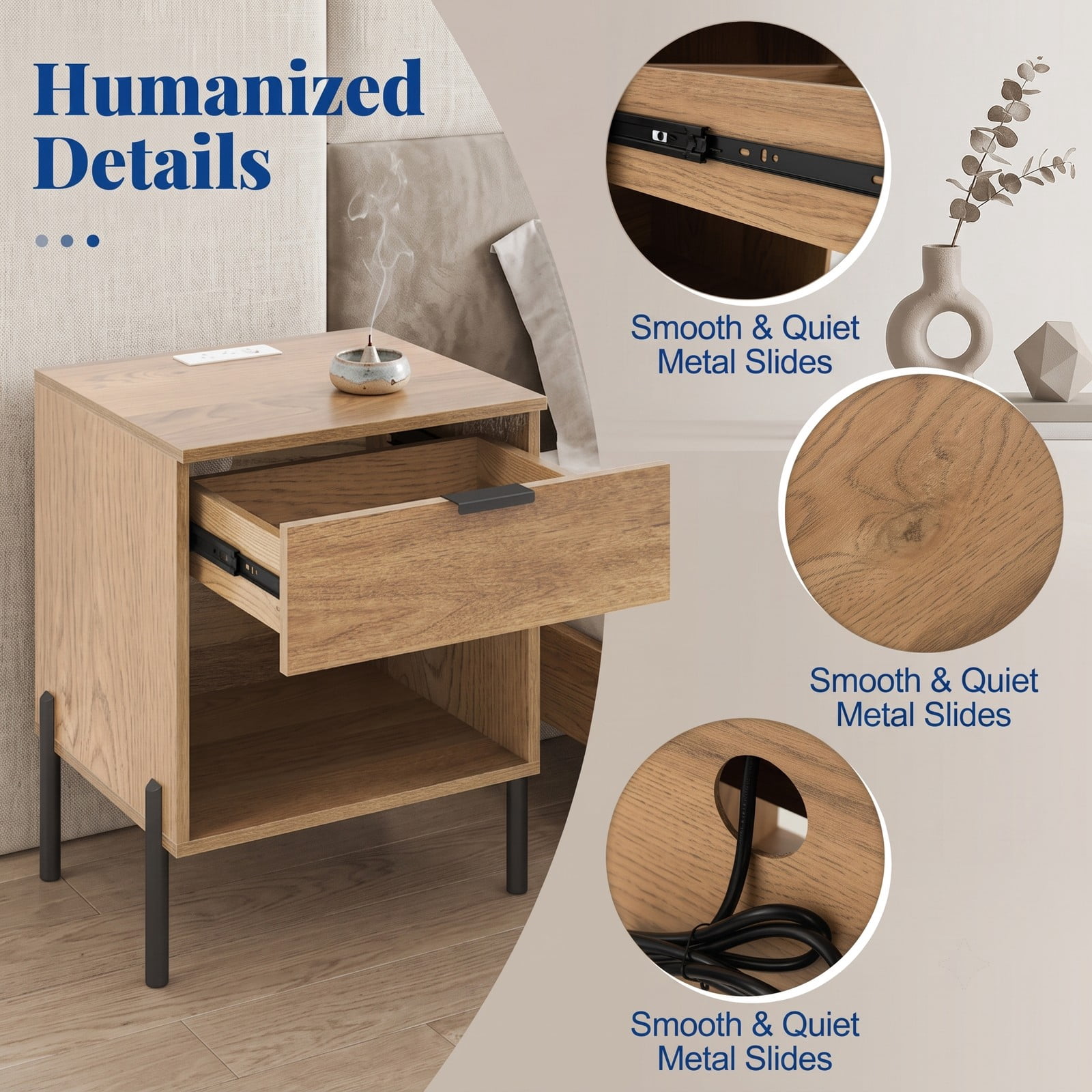 Furnibear Modern Nightstand with Charging Station for Bedroom, 1 Drawer and Open Compartment Bedside Table with Metal Legs, Natural