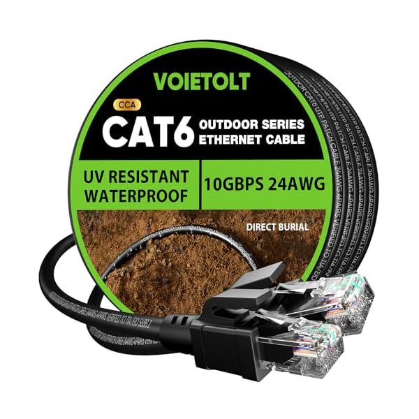 wonima11 Cat 6 Outdoor Ethernet Cable 100 ft, 24AWG 10Gbps Cat6 Cable Cord Waterproof Direct Burial LLDPE UV Jacket, Internet Network Cable with 20 Ties Support POE Cat6 Cat5e Cat5, CCA, UTP for PC