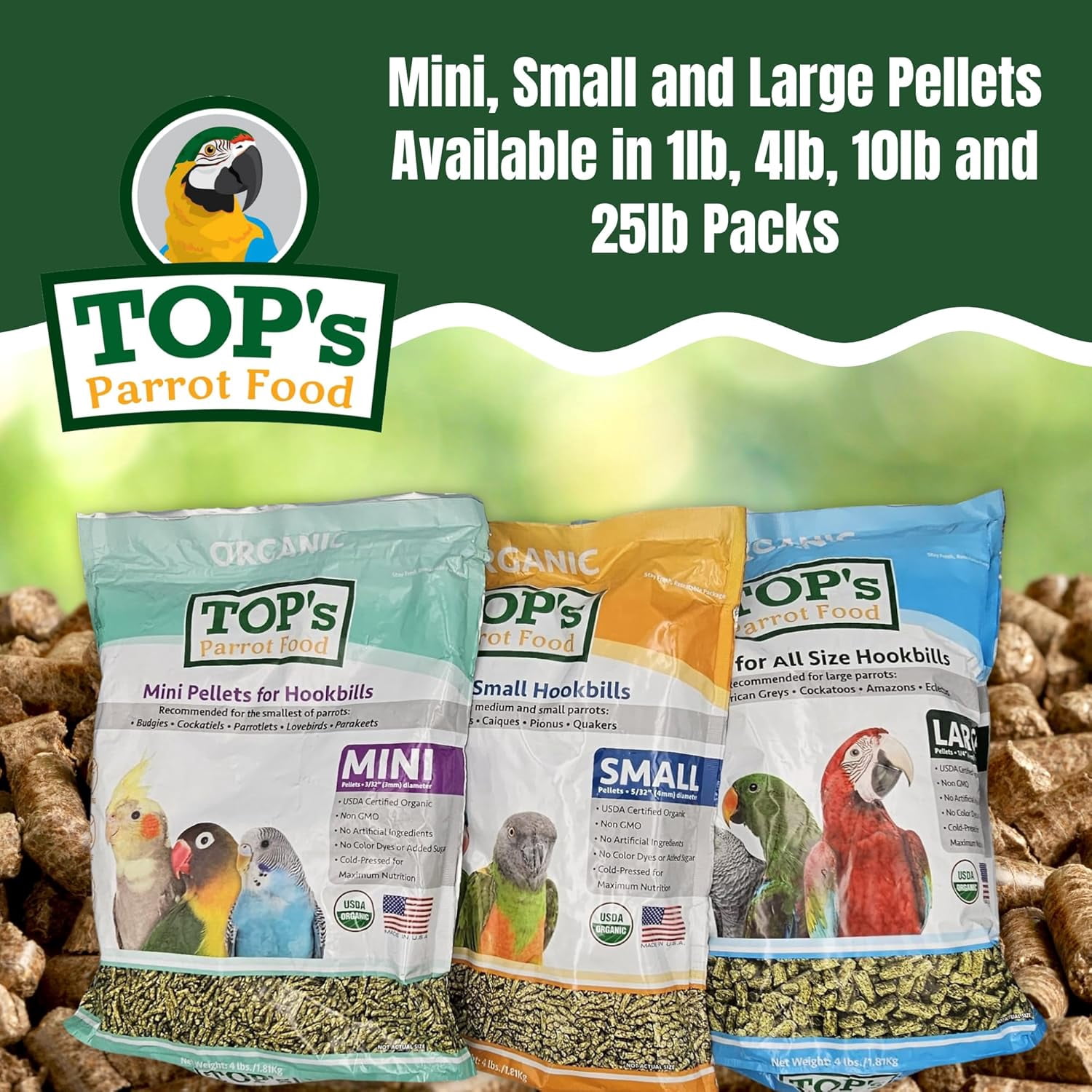 TOP's Parrot Food Small Pellets for Conures, Senegals, Caiques, Pionus, USDA Certified Organic, Human Grade, Non-GMO, Corn, Soy & Peanut Free, 4 lb