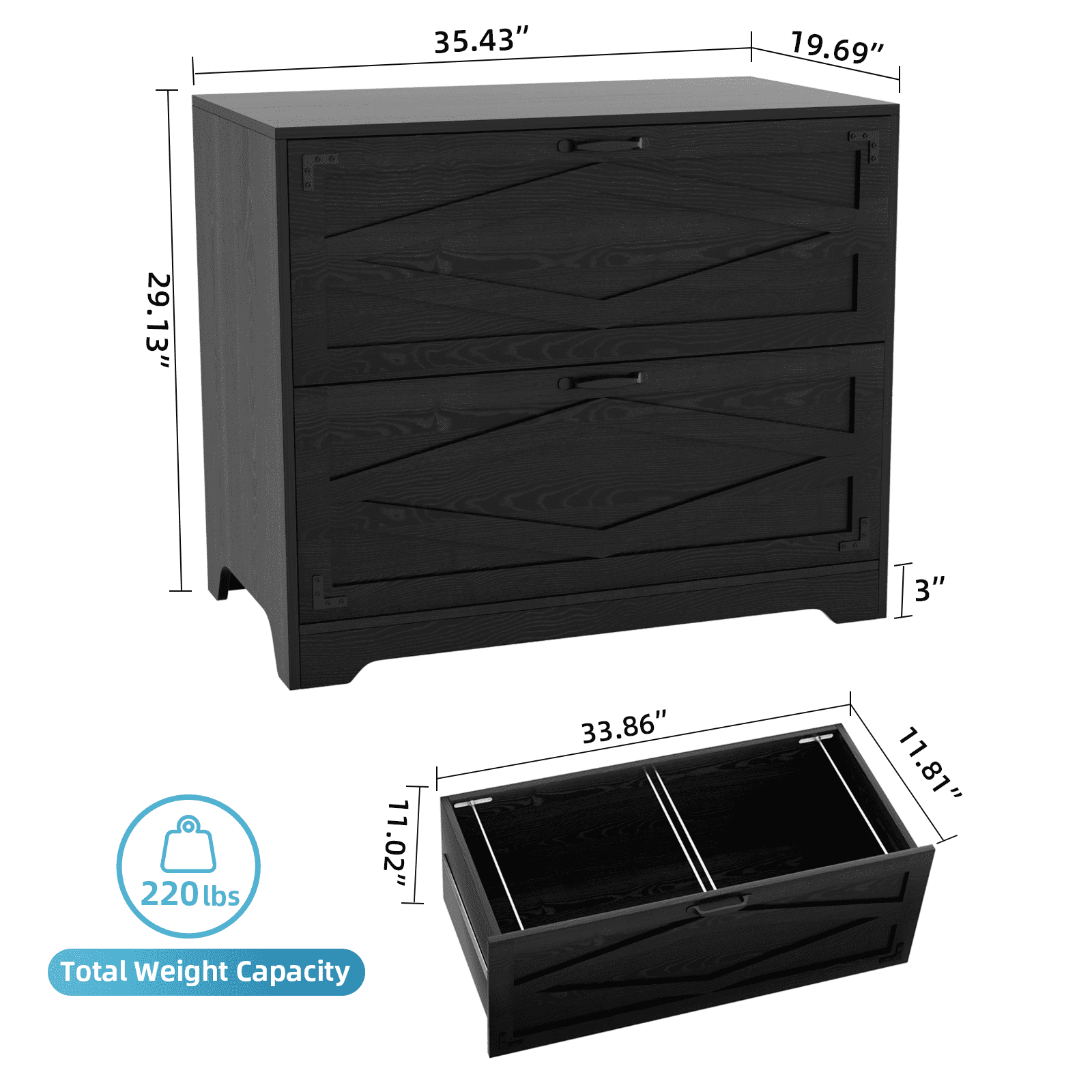 RichYa 2 Drawer Wood Lateral File Cabinet, Large Filing Cabinet for Home Office, Fits A4/Letter Size Files, Black
