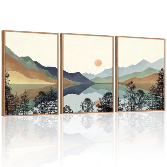 Boho Mountain Framed Wall Art Sun Forest Watercolor Canvas Wall Decor Nature Landscape Foggy National Park Scenery Poster Decor Set of 3 for Living Room Bedroom 16”x24”