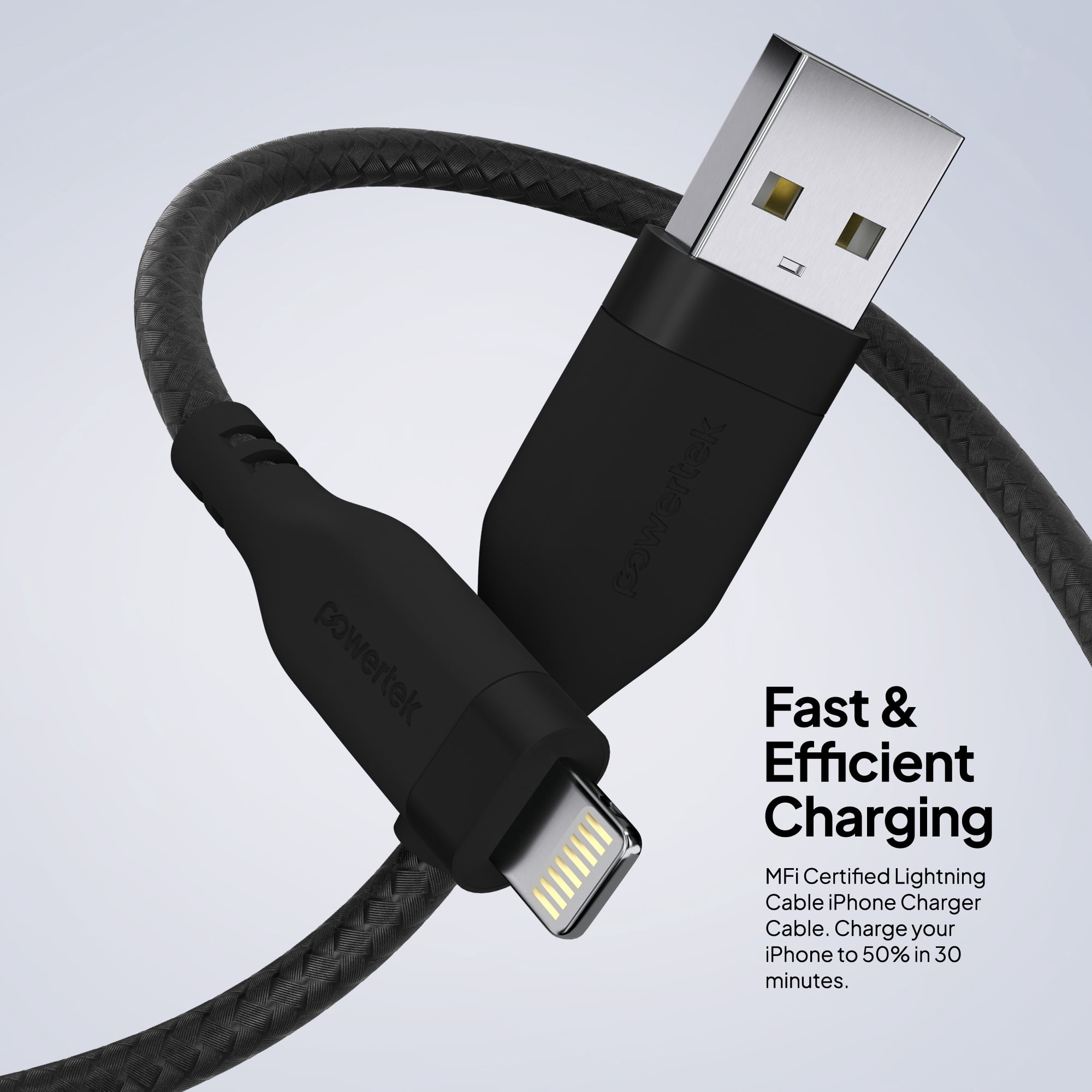 Powertek MFi Certified USB-A to Lightning Charging Cable, Carbon Design Texture, 6 ft, Black
