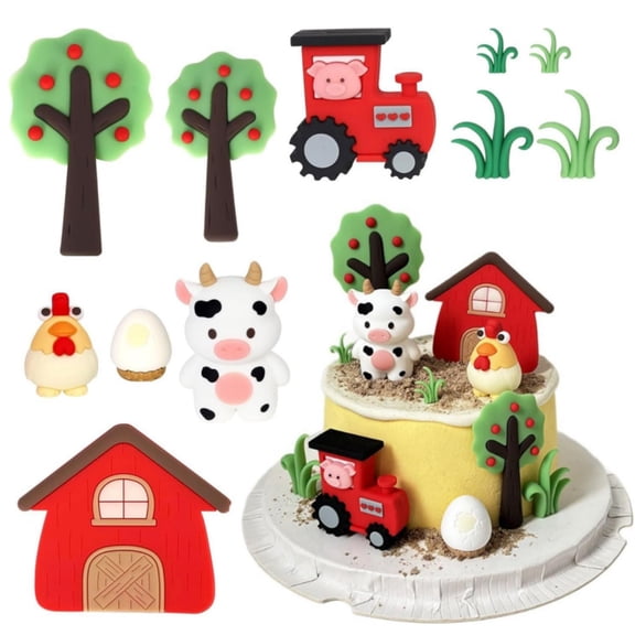 11 Pcs Farm Cake Topper, Dingrich 2inch Farm Animal Cake Decoration, Small Cow Chicken Egg Tractor Animal Farm Theme Cupcake Decoration Birthday Party Supplies