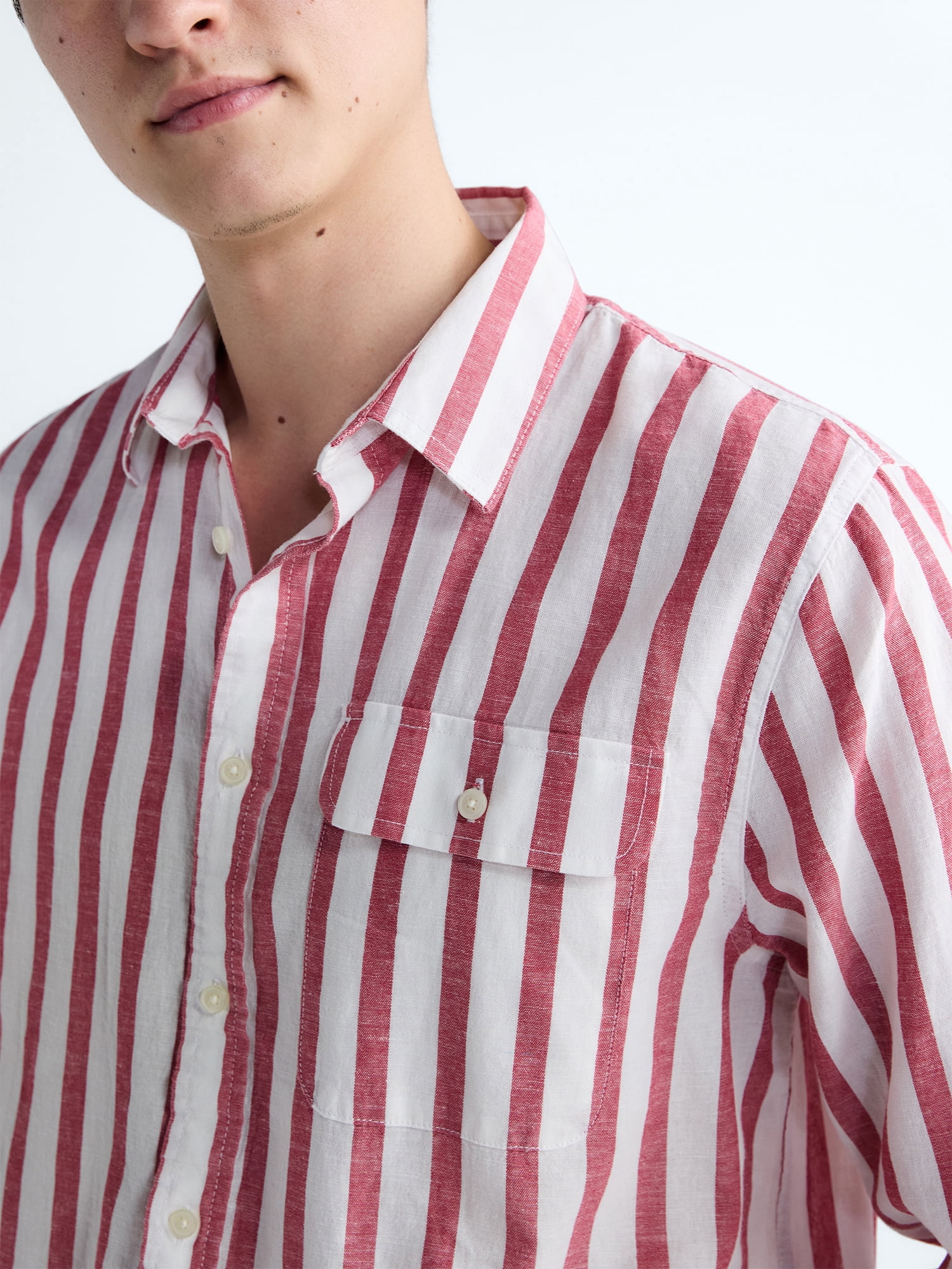Free Assembly Men's Striped Linen Blend Button Front Shirt with Long Sleeves, Sizes XS-3XL